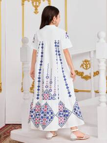 Tween Girl V-Neck Loose Floral Patchwork Long Dress, Holiday