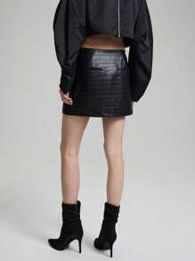 Ontre 90s Women's Fashion 2025 Spring New Arrival Ladies Black PU Embossed Material Short Skirt, Daily Wear, Versatile, Minimalist Fashion Bottom - Black - View 4