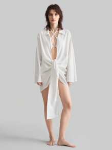 Ontre 2025 New Spring Women's Bohemian Style Cover Up, White Linen Shirt Collar Long Flare Sleeve Tie Front Beach Cover-Up, Casual Tie-Up Design, Old Currency Pattern - White - View 1