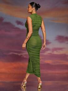 Hauture Semi Sheer Textured Short Sleeve Knit Sweater Dress - Army Green - View 3