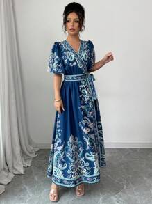 Elenzga Women's Vacation Paisley Print V-Neck Ruffle Sleeve Dress - Multicolor - View 6