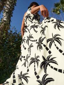 Travachic 女士度假休闲镂空系带前开襟连衣裙，饰有椰子树印花 - 黑與白 - 查看 5