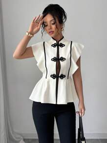 Chiquease Camisa con botones y cuello mao con volantes y contraste de color - Albaricoque - Ver 3