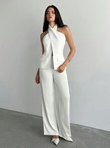 Aloruh Women's Elegant Business Commuting Fashion Simple Top Old Money Style Concert Women Streetwear Modest Minimalism Top Solid Color Simple Halter Casual Outing White Sleeveless Top Suitable For Spring And Summer,Graduation,Teacher For Women,Back To School