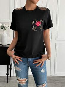 SHEIN LUNE 女款黑色玫瑰刺绣 V 领短袖 T 恤 - 黑色 - 查看 5