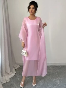 Elenzga Women's Solid Color Round Neck Batwing Sleeve Elegant Mid-Length Dress - Pink - View 3