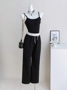 Wildeya Teenager Mädchen Set aus ärmelloser Kontrast Schwarz & Weiß Bluse und hochgeschnittener Weite Strick Hose, lässiger Basic für Sport