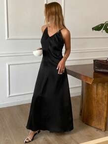 DAZY Einfarbiges plissiertes rückenfrei Camisole Kleid, elegantes langes Damen Lässig Kleid für den Sommer, elegantes Sommerkleid - Schwarz - Übersicht 4