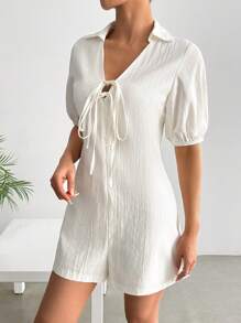 SHEIN EZwear Damen einfarbiger Jumpsuit mit Laternenschnittärmeln und Schleife vorne - Weiss - Übersicht 3