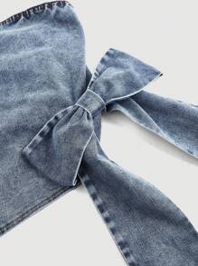 SHEIN MOD 加大码蓝色牛仔上衣紧身弹力抹胸蝴蝶结夏季上衣辣妹甜美辣味 - 淺色水洗藍 - 查看 4