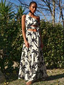 Travachic 女士度假休闲镂空系带前开襟连衣裙，饰有椰子树印花 - 黑與白 - 查看 6