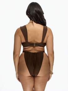 MISSGUIDED PLUS Plus Size Ruched Underwire Bikini Set Two Piece Swimsuit High Rise Bottom Supportive Swimwear Beach Vacation Summer Resort Wear XXL-6XL - Brown - View 2