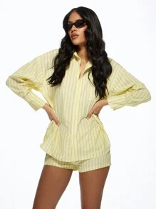 MISSGUIDED Conjunto de pijama de dos piezas estilo de rayas con camisa de manga larga con botones a juego y pantalones cortos, ropa de estar en casa de verano informal y ligera para uso en resort