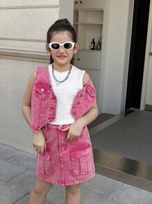 Tween Girls Peach Red Fashionable Versatile Washed Denim Vest & Skirt Set - Hot Pink - View 3