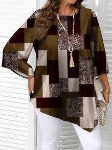 EMERY ROSE Plus Size Plaid Print Casual Minimalist Allover Print Long Sleeve Shirt, Spring/Autumn Chic Blouses For Women - Multicolor - View 5