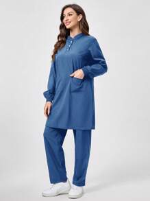 TaskEZ Women's Scrub Set, Solid Color Long Sleeve Pocket Tunic Top & Pants, Nursing Scrub Uniform - Blue - View 3