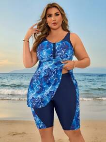 Swim Lushoire Plus Size Women Tie Dye Print Tankini Set, Beach Holiday Swimwear, For Summer Vacation