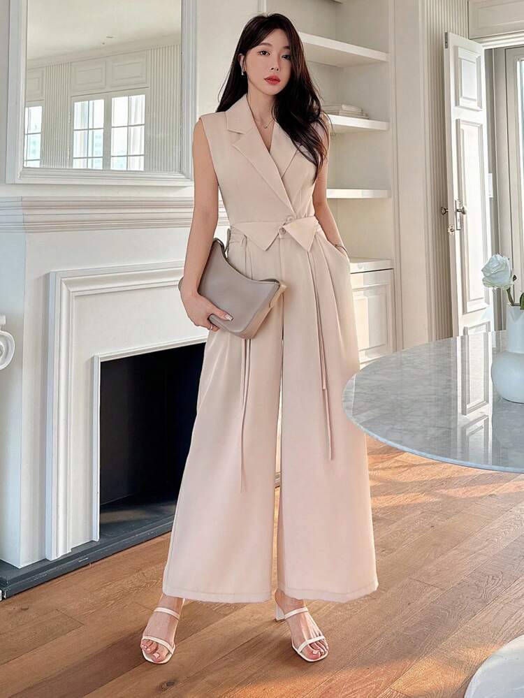 Conjunto de Terno Feminino com Blazer Sem Mangas de Cor Sólida e Calça Perna Larga, Roupas de Trabalho para Mulheres, Traje de Negócios