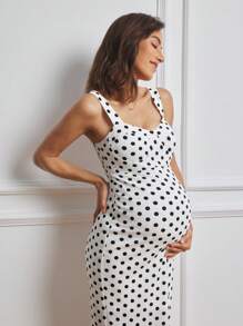 MaterniWear Work/Office Tank Top Polka Dot Print Maternity Midi Dress - White - View 4