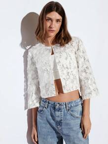 Maija 2025新款夏季白色圆领3D亮片商务休闲女式网眼刺绣短外套，适合户外活动、生日派对、婚礼、毕业典礼、早午餐