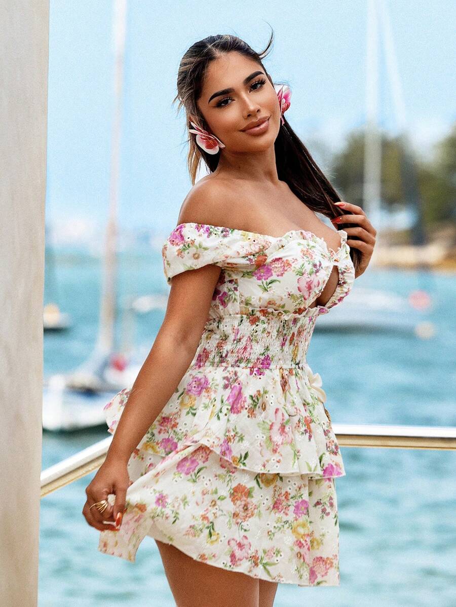 SHEIN SXY Women's Floral Print Off Shoulder Cutout Mini Dress, Vacation Outfit, Beach Vacation Outfits, Spring Outfits For Women, Summer Dresses, Beach Outfits For Woman, Summer Dresses For Women, Summer Outfits For Women, Vacation Outfits Woman,