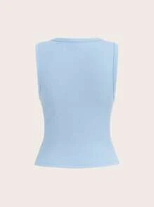 SHEIN BASICS Áo ba lỗ hở lưng không tay cổ tròn dệt kim màu trơn đơn giản dành cho nữ - Màu xanh nhạt - Xem 2