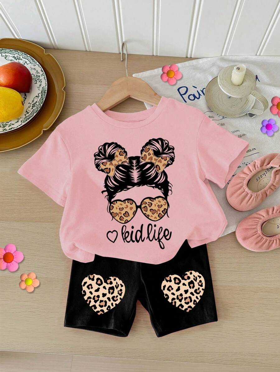 SHEIN Leap Crew Baby Girls Casual Simple Short Sleeve 2 Pieces Set, Suitable For Spring/Summer - Multicolor - View 1