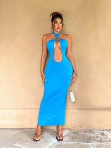 Zolique Women's Solid Color Halter Neck Simple Hollow Out Bodycon Casual  Blue Dress - Blue - View 5