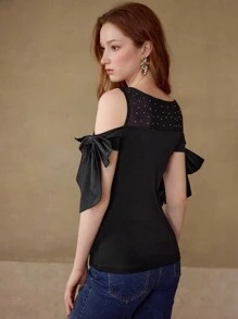 MOTF CONTRAST MESH BOW DETAIL T-SHIRT