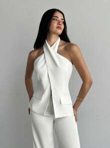 Aloruh Women's Elegant Business Commuting Fashion Simple Top Old Money Style Concert Women Streetwear Modest Minimalism Top Solid Color Simple Halter Casual Outing White Sleeveless Top Suitable For Spring And Summer,Graduation,Teacher For Women,Back To School