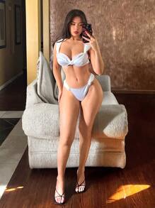 Swim SXY Women's Solid Color Sweetheart Collar Bikini Top And Bottom Swimwear Set, For Summer Beach Vacation - White - View 4