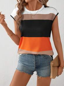 EMERY ROSE Women's Colorblock Striped Knit Casual T-Shirt, Spring/Summer - Multicolor - View 1
