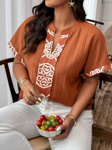 SHEIN Clasi Plus Size Women Casual Floral Embroidered Collar & Cuff Design Blouse - Redwood - View 4