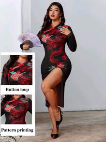 Celure 大码女士优雅旗袍连衣裙，中式立领，红色撞色，纽扣门襟，龙和祥云印花，中国新年/节日 - 黑色 - 查看 4