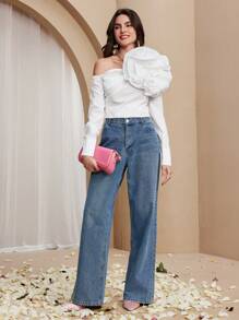 Chiquease 女士优雅大花卉印花斜肩衬衫 - 白色 - 查看 6