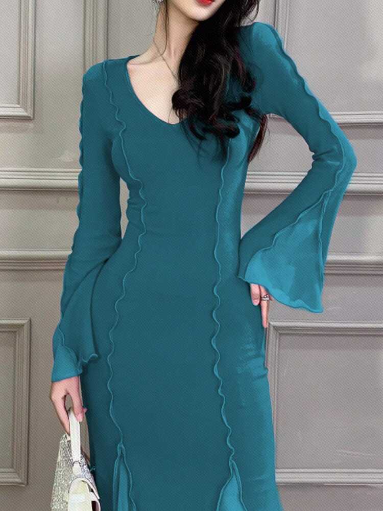 Stylish Patchwork Fish Tail Hem Women Fall Dress Prom Dress Elegant,Ruffle Long Sleeve Dress