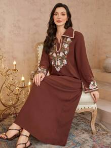 Al Najma 女式 V 领刺绣长袖连衣裙，简约风格，朴素的卡夫坦 - 咖啡棕 - 查看 6