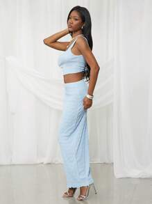 NYA SZN 春季休闲修身针织节日夏季长裙早午餐休闲度假海滩婚礼宾客特殊场合新娘晚宴舞会服装女士 - 淺藍色 - 查看 7