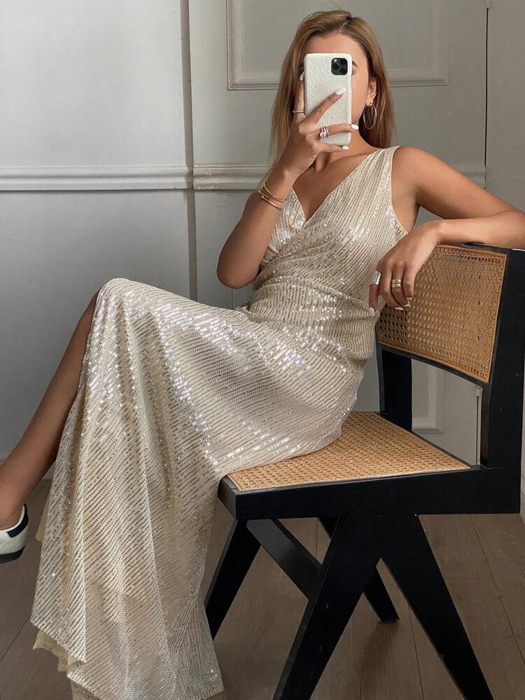 Casual Vacation Sequin Long Dress, Sleeveless Waisted Women Long Dress For Summer Prom Dress Party Women Homecoming Dresses Luxury New Year Eve Dress Carnival Sparkly Dress Maxi Dress