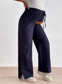 SHEIN Mulheres grávidas frente lisa gravata minimalista casual calças compridas, uso diário - Menta verde - Ver 4
