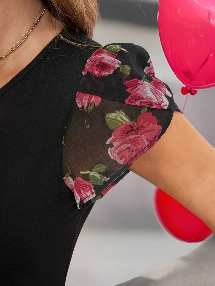 EMERY ROSE Women's Casual Floral Print Short Sleeve Round Neck Chiffon And Black Fabric Patchwork Top, Spring Summer Valentine's Day - Multicolor - View 3