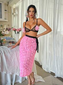 Wedding  SpringBreakOutfit Floral 2pcs Floral Romantic Bow Dress Set - Bra And Midi Skirt Sexy Lingerie For Women Lingerie Set Costume - Pink - View 3
