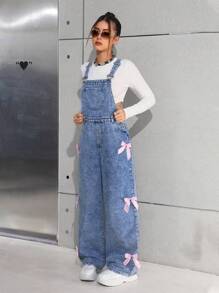 SHEIN Teen Girls Y2K Stonewashed Baggy Denim Straight Leg Jeans Modest Denim Overalls Jumpsuit Without Tee With Bowknot Decorated Pockets, Girls Summer Clothes Back To School Outfits, Beach Boho Concert Rave Outfits Festival, Graduation Outfit