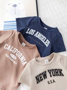 SHEIN 3pcs/Set Baby Boy Summer Color Letter Print Soft Knit Crew Neck Short Sleeve Tops - Navy Blue - View 7