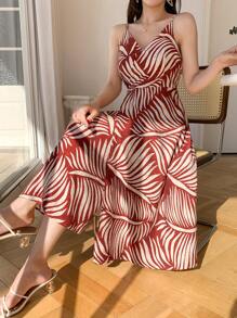 DAZY Mid-Length V-Neck Sling Split Hem Floral Print Dress For Women,Casual Women Dresses - Red - View 3