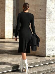 BizChic 2025年夏季新款黑色圆领开衩腰系带设计淑女连衣裙，商务休闲日常穿着，优雅适合海滩度假、婚礼派对宾客、乡村音乐节、早午餐、机场、90年代复古、斯德哥尔摩、美国独立日 - 黑色 - 查看 2