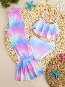 3pcs/Set Tween Girls Fish Scale Spaghetti Strap Bikini Top And Bottom - Multicolor - View 2