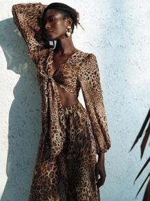 Lumivelle Damen Leopardenmuster lässiges einfaches Lässig Cover-Up Top und Hose für den Urlaub, für den Sommerurlaub am Strand