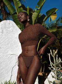 Lumivelle Women's Fashion Stand Collar Long Sleeve Bikini Set For Summer Beach Vacation - Brown - View 7