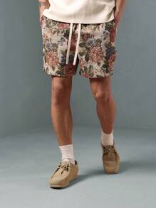 SUMWON 复古挂毯休闲短裤优质花卉印花抽绳海滩夏季休闲日常舒适休闲装短款休闲度假短裤 - 彩色 - 查看 2
